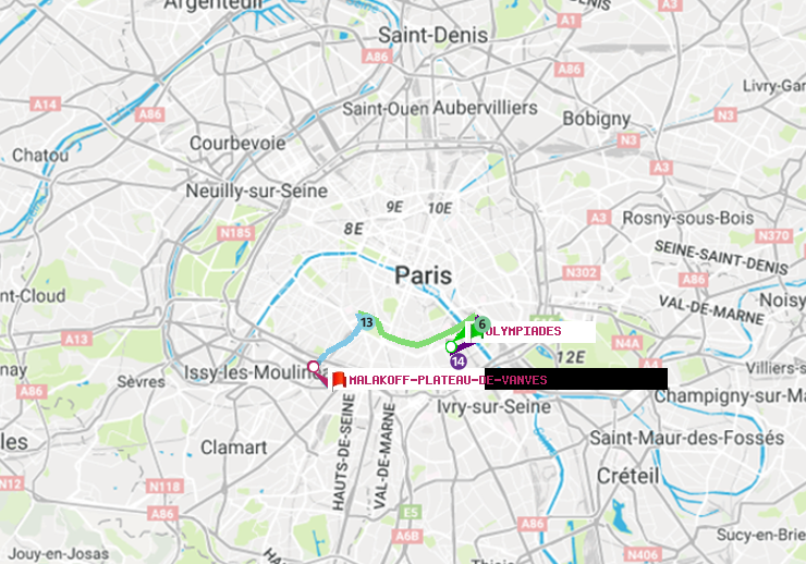 plan itinéraire ratp de Olympiades à Malakoff-Plateau de Vanves