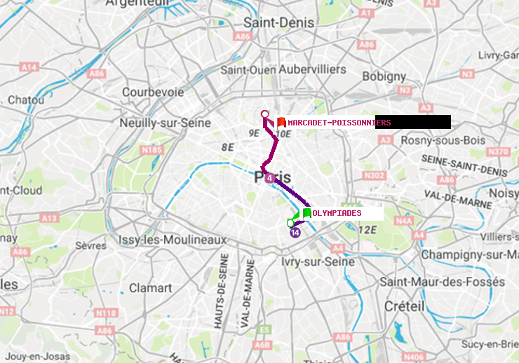 plan itinéraire ratp de Olympiades à Marcadet-Poissonniers