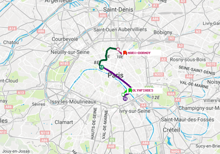 plan itinéraire ratp de Olympiades à Marx-Dormoy