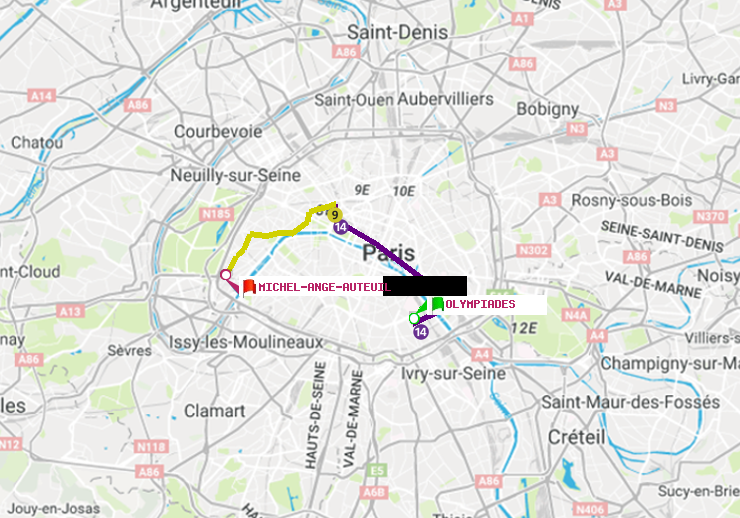 plan itinéraire ratp de Olympiades à Michel-Ange-Auteuil