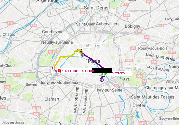 plan itinéraire ratp de Olympiades à Michel-Ange-Molitor