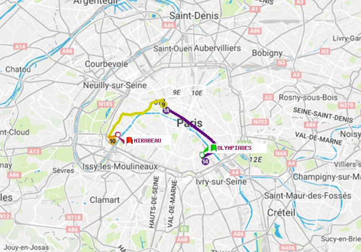 plan itinéraire ratp de Olympiades à Mirabeau