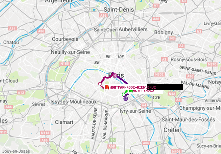 plan itinéraire ratp de Olympiades à Montparnasse-Bienvenue