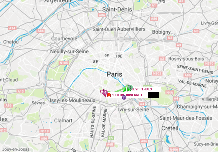 plan itinéraire ratp de Olympiades à Mouton-Duvernet