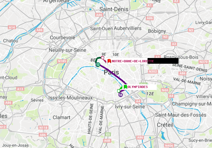 plan itinéraire ratp de Olympiades à Notre-Dame de Lorette
