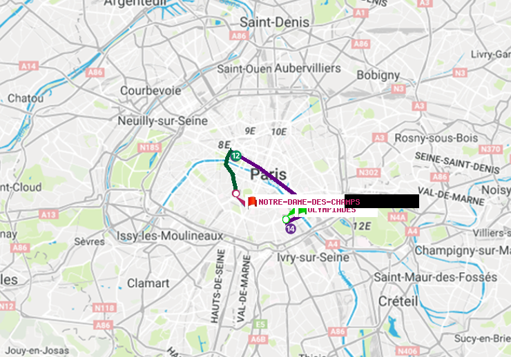 plan itinéraire ratp de Olympiades à Notre-Dame des Champs