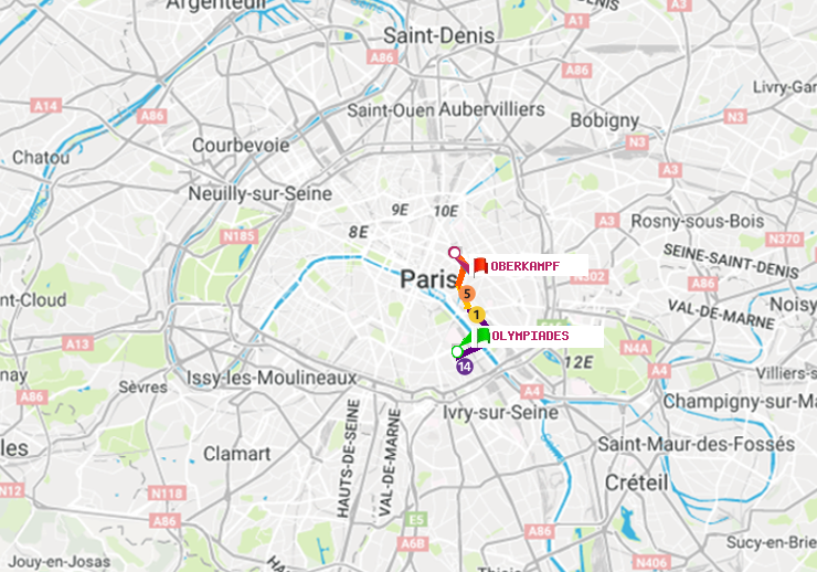 plan itinéraire ratp de Olympiades à Oberkampf
