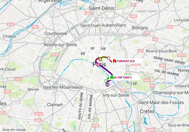plan itinéraire ratp de Olympiades à Parmentier