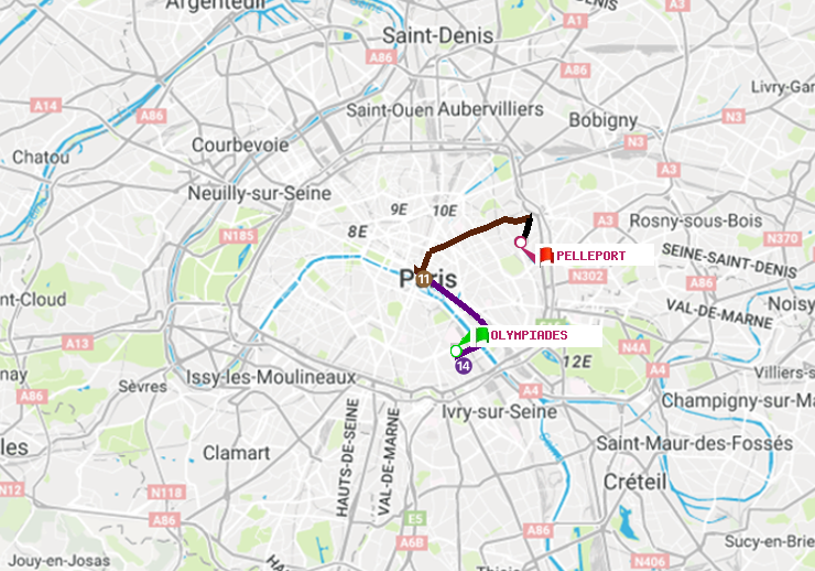plan itinéraire ratp de Olympiades à Pelleport