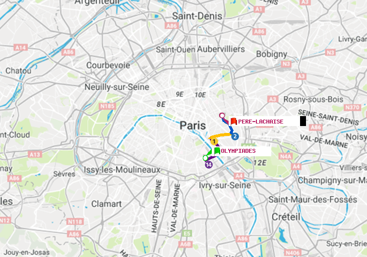 plan itinéraire ratp de Olympiades à Père-Lachaise