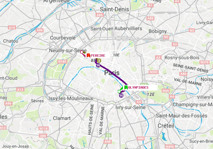 plan itinéraire ratp de Olympiades à Péreire