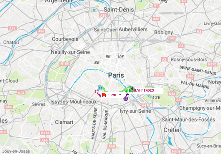 plan itinéraire ratp de Olympiades à Pernety