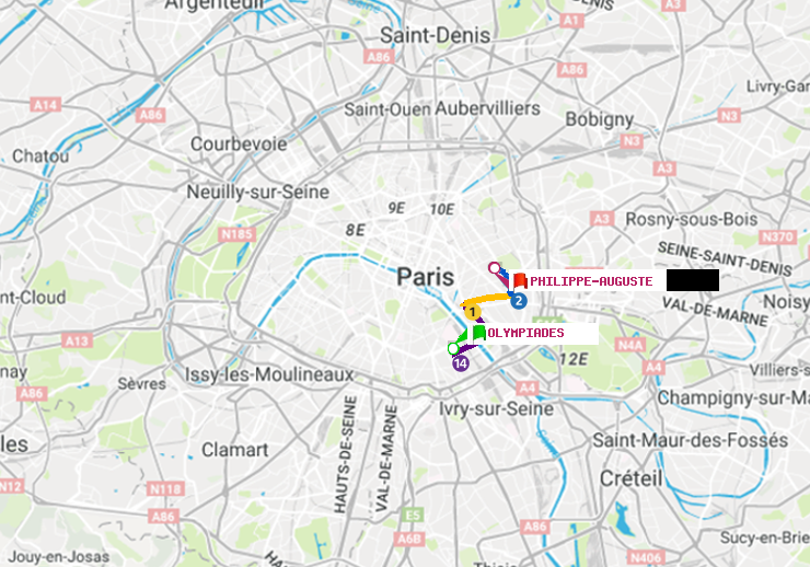 plan itinéraire ratp de Olympiades à Philippe Auguste