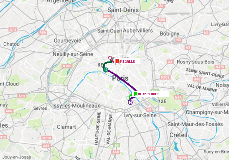plan itinéraire ratp de Olympiades à Pigalle