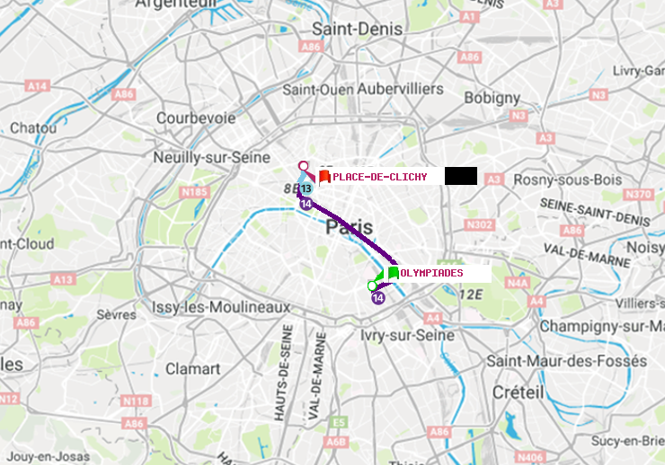 plan itinéraire ratp de Olympiades à Place de Clichy