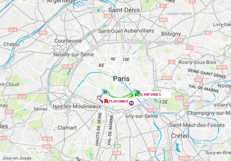 plan itinéraire ratp de Olympiades à Plaisance