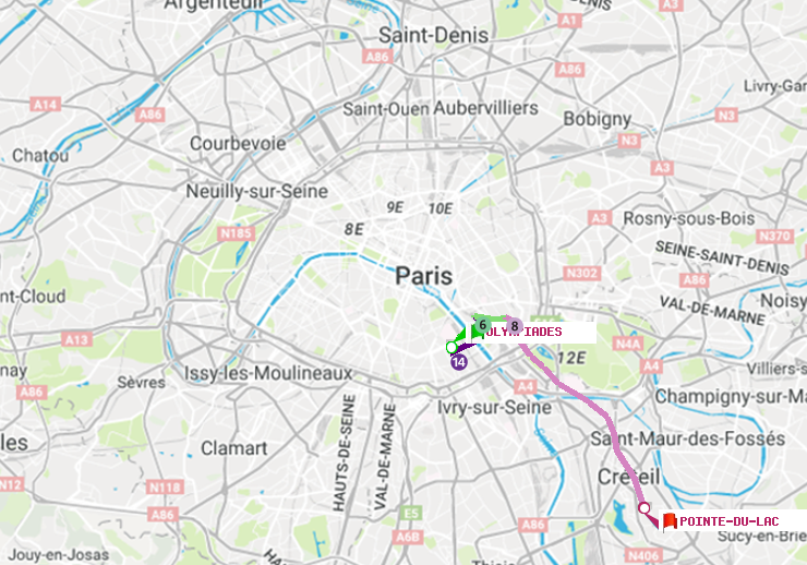 plan itinéraire ratp de Olympiades à Pointe du Lac
