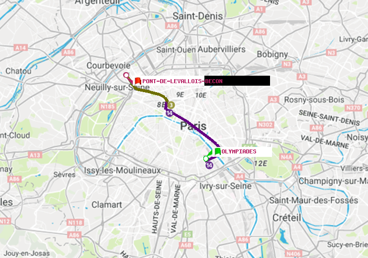 plan itinéraire ratp de Olympiades à Pont de Levallois-Bécon