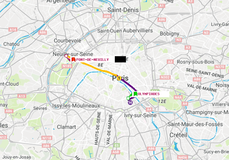 plan itinéraire ratp de Olympiades à Pont de Neuilly
