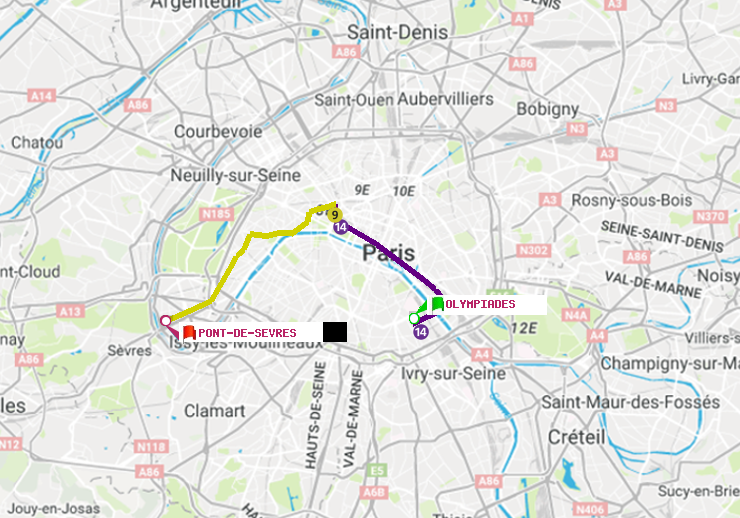 plan itinéraire ratp de Olympiades à Pont de Sèvres