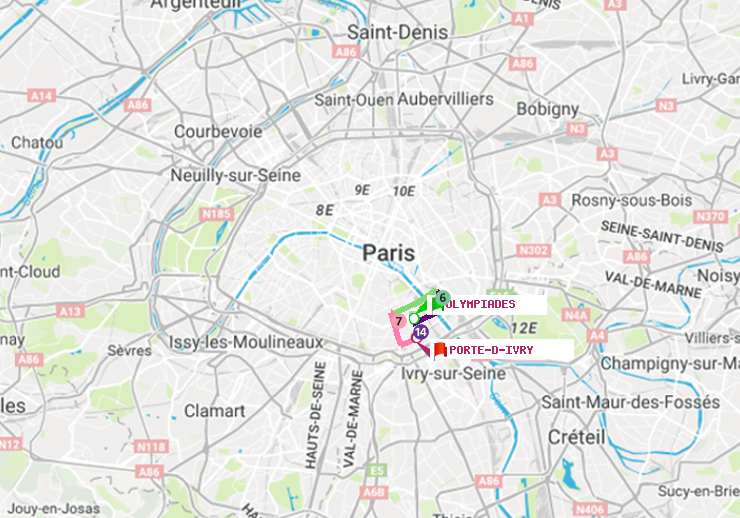 plan itinéraire ratp de Olympiades à Porte d
