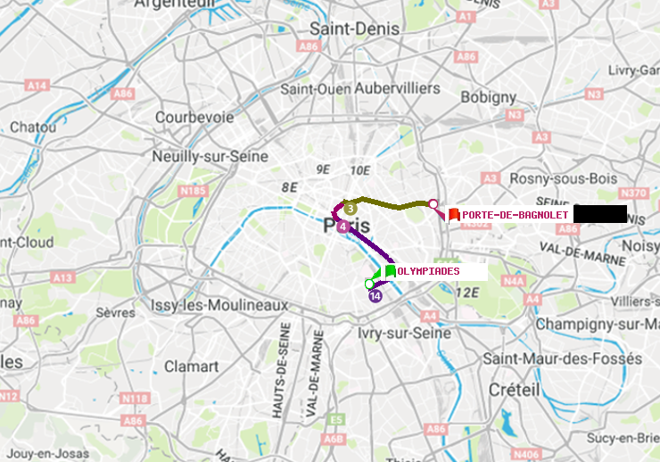 plan itinéraire ratp de Olympiades à Porte de Bagnolet