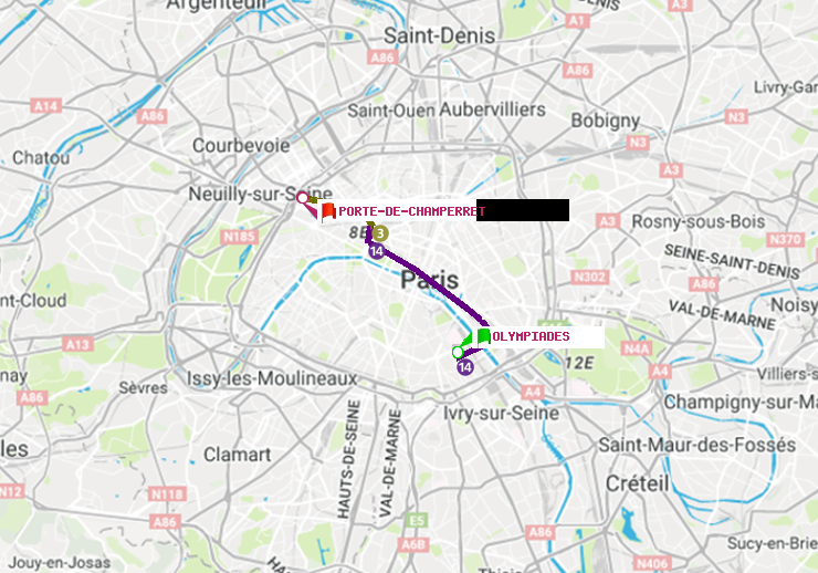 plan itinéraire ratp de Olympiades à Porte de Champerret