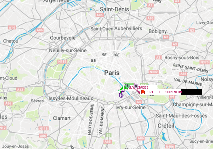 plan itinéraire ratp de Olympiades à Porte de Charenton