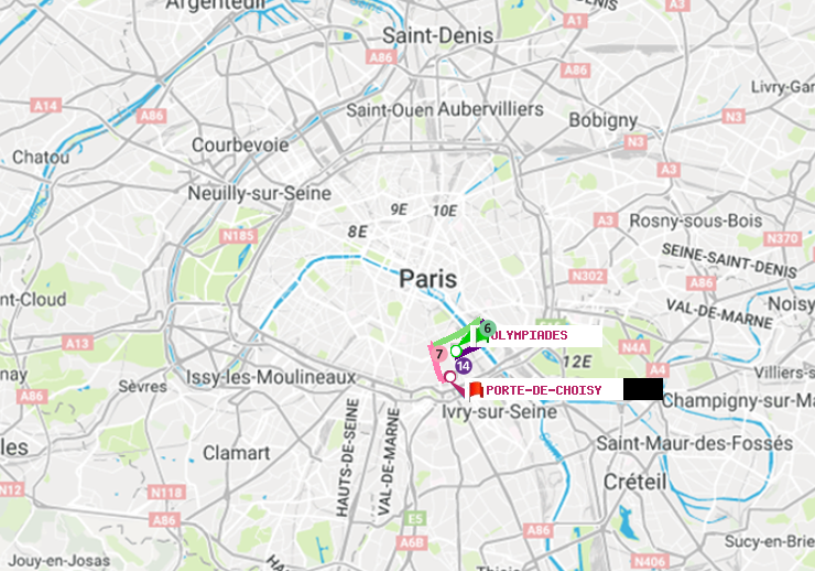 plan itinéraire ratp de Olympiades à Porte de Choisy