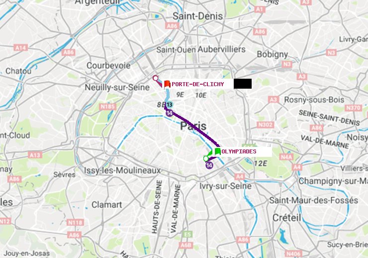 plan itinéraire ratp de Olympiades à Porte de Clichy