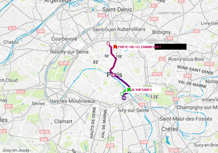 plan itinéraire ratp de Olympiades à Porte de Clignancourt
