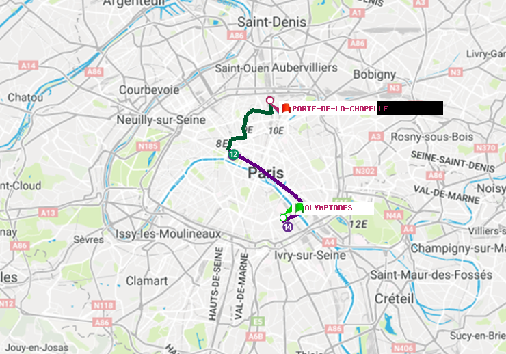 plan itinéraire ratp de Olympiades à Porte de la Chapelle