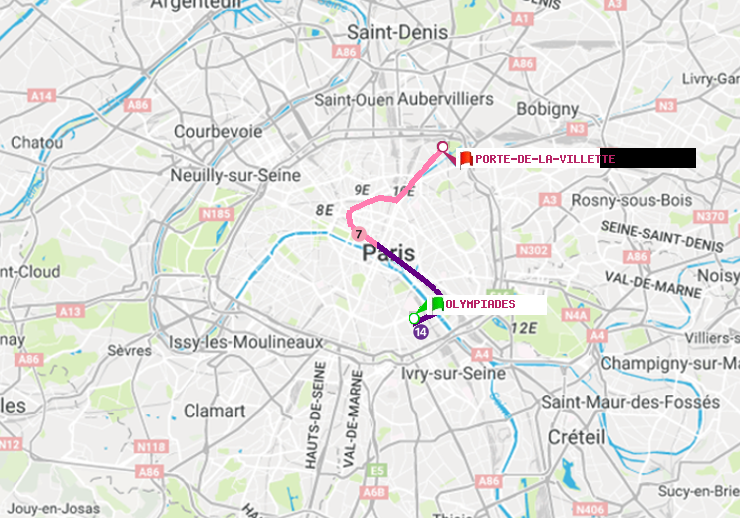 plan itinéraire ratp de Olympiades à Porte de la Villette