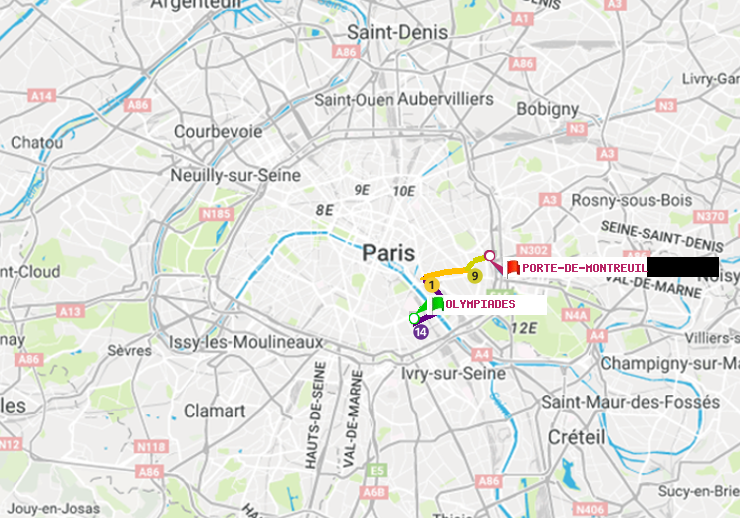 plan itinéraire ratp de Olympiades à Porte de Montreuil