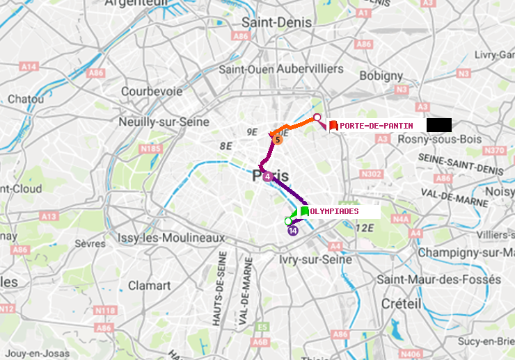 plan itinéraire ratp de Olympiades à Porte de Pantin