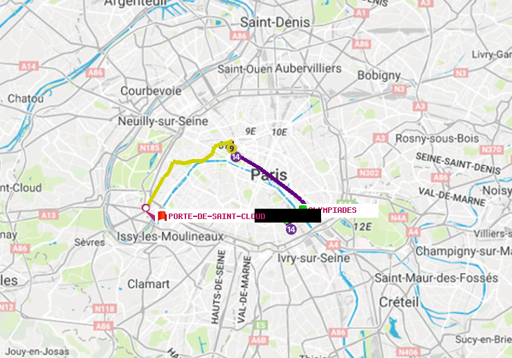 plan itinéraire ratp de Olympiades à Porte de Saint-Cloud