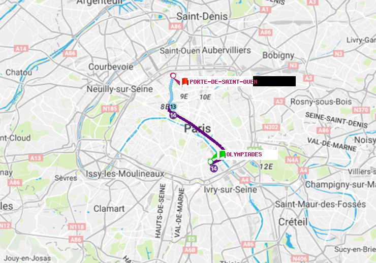 plan itinéraire ratp de Olympiades à Porte de Saint-Ouen