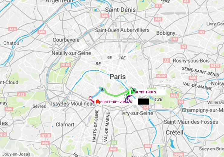 plan itinéraire ratp de Olympiades à Porte de Vanves