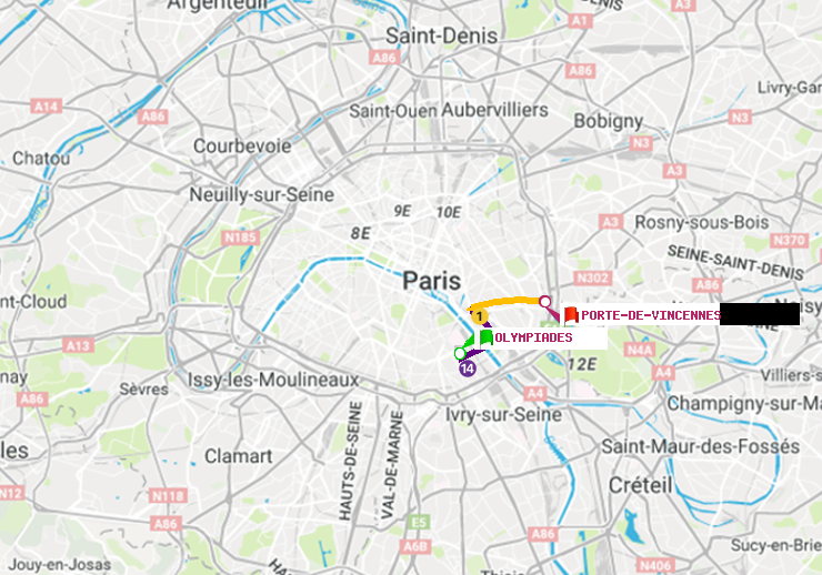 plan itinéraire ratp de Olympiades à Porte de Vincennes