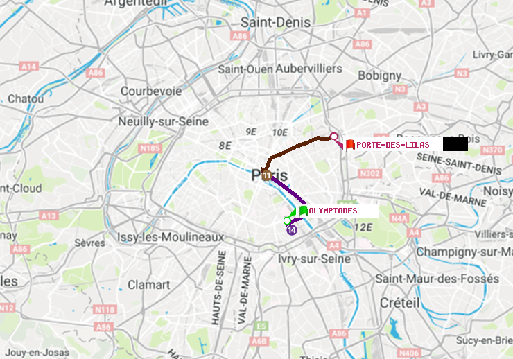 plan itinéraire ratp de Olympiades à Porte des Lilas