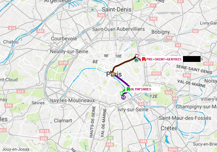 plan itinéraire ratp de Olympiades à Pré-Saint-Gervais