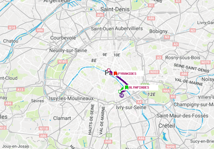 plan itinéraire ratp de Olympiades à Pyramides