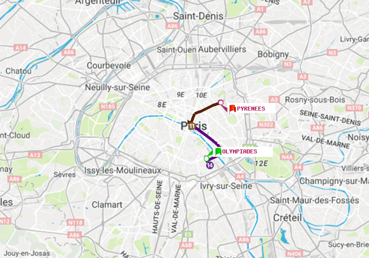 plan itinéraire ratp de Olympiades à Pyrenees