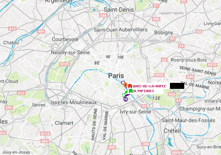 plan itinéraire ratp de Olympiades à Quai de la Rapée