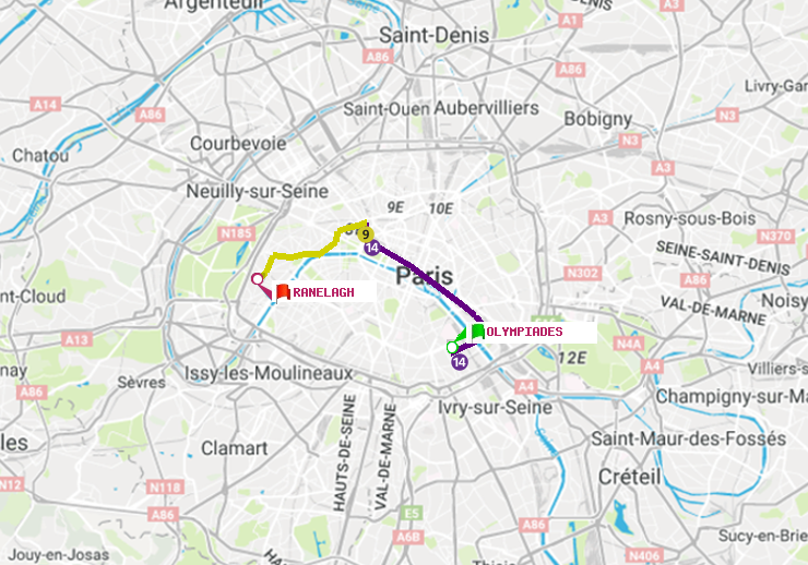 plan itinéraire ratp de Olympiades à Ranelagh