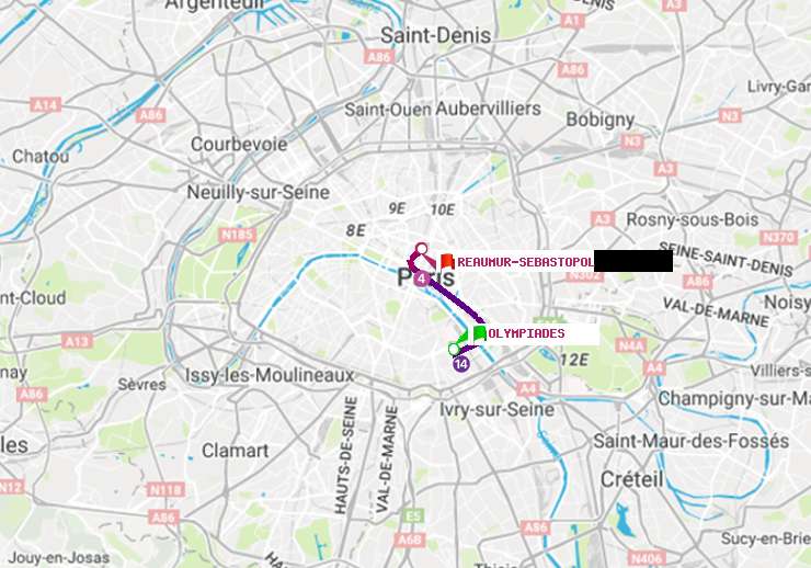 plan itinéraire ratp de Olympiades à Réaumur-Sébastopol