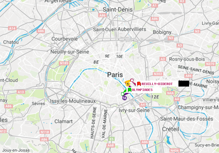 plan itinéraire ratp de Olympiades à Reuilly-Diderot