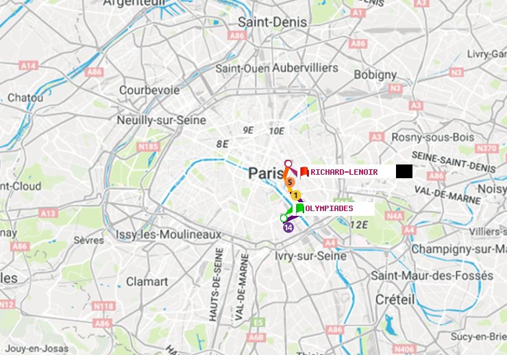 plan itinéraire ratp de Olympiades à Richard-Lenoir