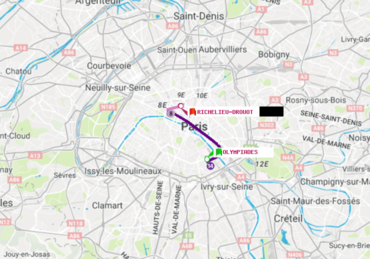 plan itinéraire ratp de Olympiades à Richelieu-Drouot