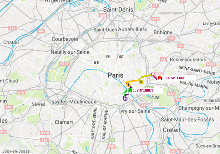 plan itinéraire ratp de Olympiades à Robespierre